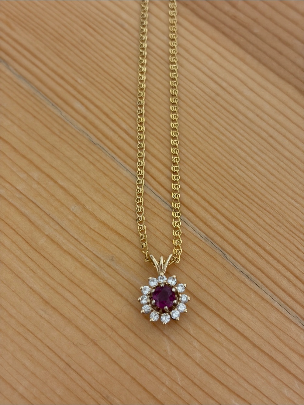 Vintage 10k Gold Necklace with Ruby Center and Diamond Halo 18 Inch